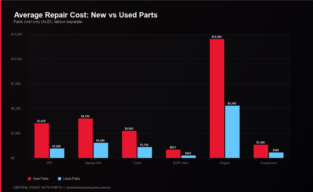 Bar chart, New vs Used parts cost across 6 repairs, with dollar values